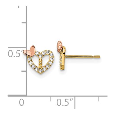 14K Two-Tone Gold Round CZ Heart Butterfly Stud Earrings – view 5