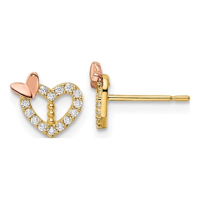 14K Two-Tone Gold Round CZ Heart Butterfly Stud Earrings