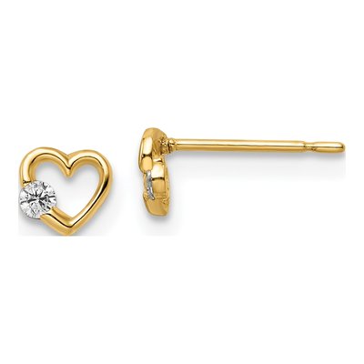 14K Yellow Gold Round CZ Heart Stud Earrings