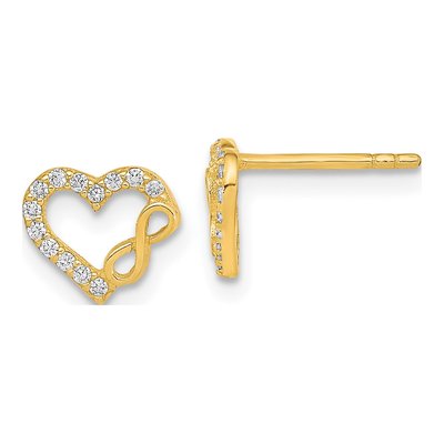 14K Yellow Gold Round CZ Heart Infinity Stud Earrings