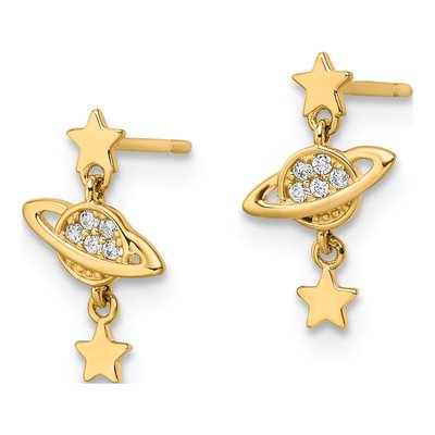 14K Yellow Gold CZ Saturn Stars Dangle Earrings – view 3