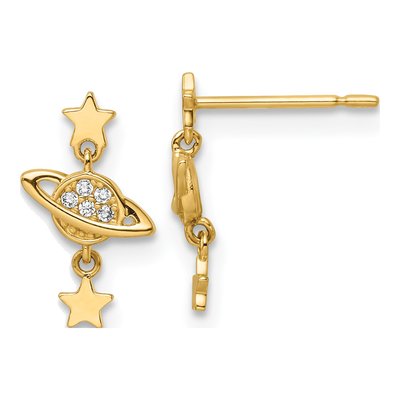 14K Yellow Gold CZ Saturn Stars Dangle Earrings