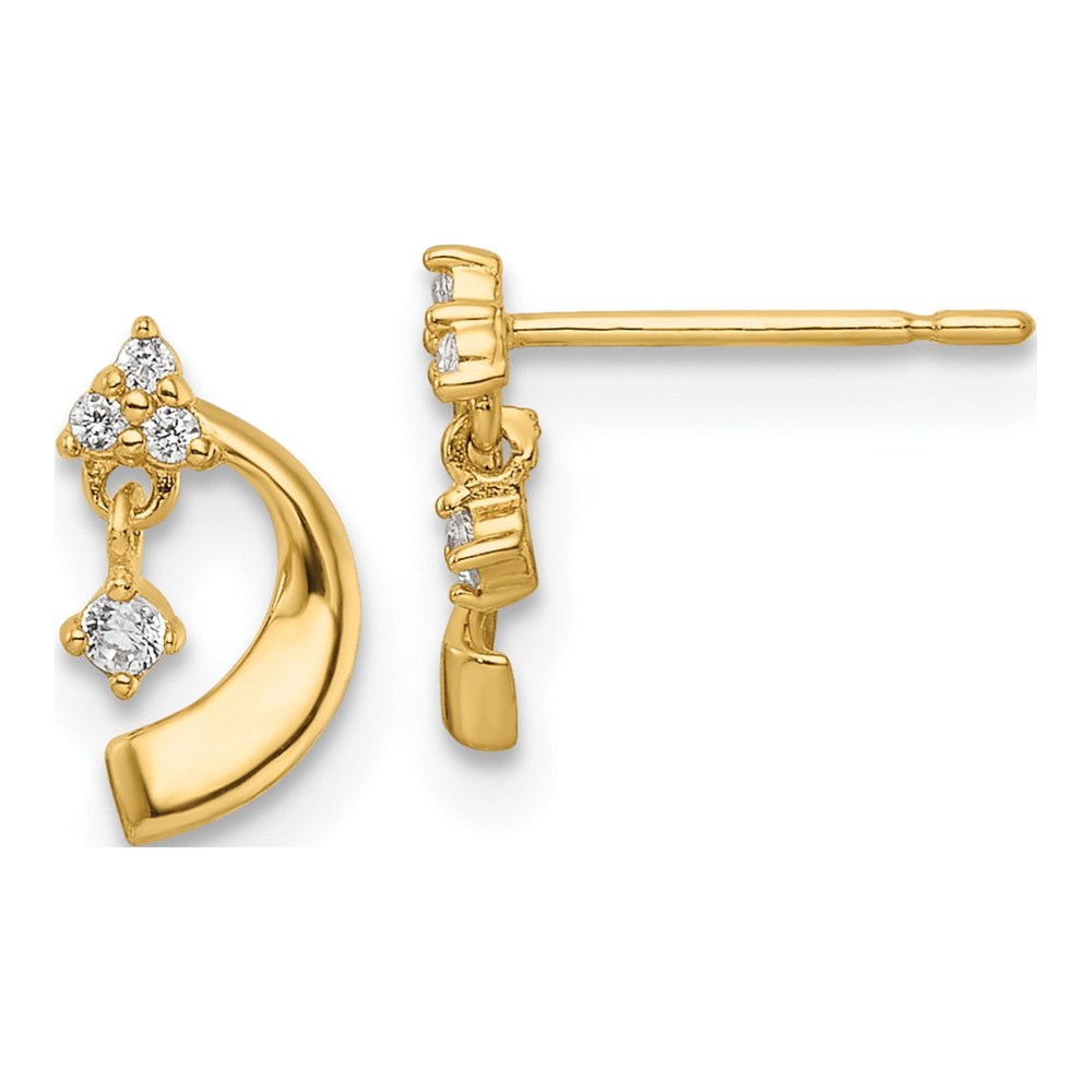 14K Yellow Gold CZ Curved Moon Dangle Earrings