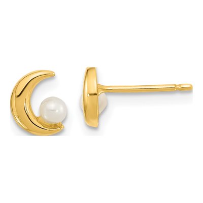 14K Yellow Gold Round Cultured Pearl Half Moon Stud Earrings