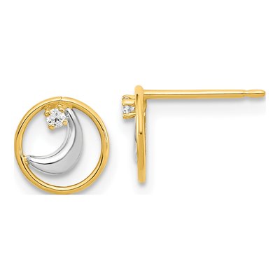 14K Yellow Gold Round CZ Open Circle Half Moon Stud Earrings