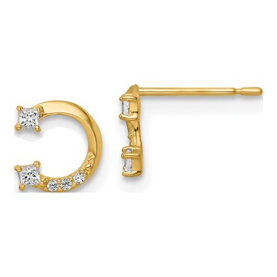 14K Yellow Gold Princess CZ Horseshoe Button Stud Earrings