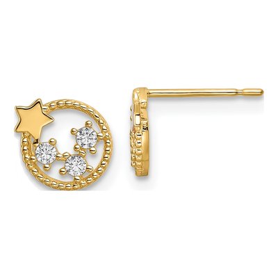 14K Yellow Gold Round CZ Stars Circle Stud Earrings