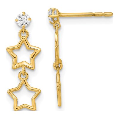 14K Yellow Gold CZ Two Star Dangle Earrings