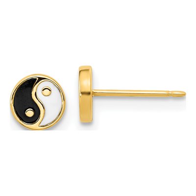 14K Yellow Gold Black Enamel Yin Yang Stud Earrings