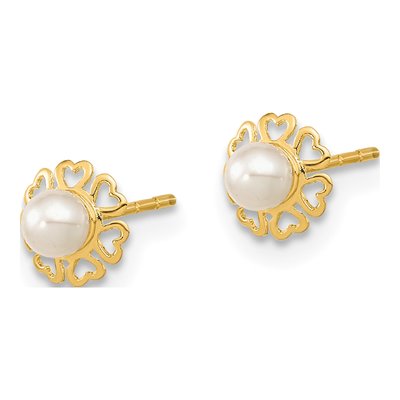14K Yellow Gold 3.25mm Round Cultured Pearl Heart Petal Stud Earrings – view 2