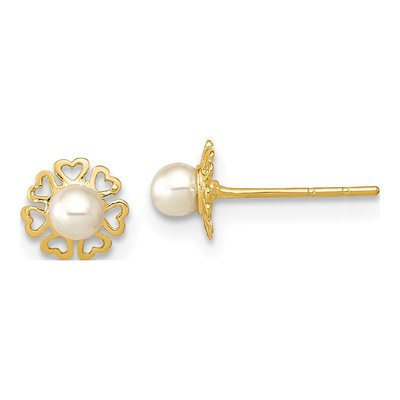 14K Yellow Gold 3.25mm Round Cultured Pearl Heart Petal Stud Earrings