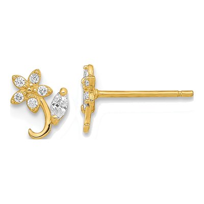14K Yellow Gold Round CZ Flower Stud Earrings