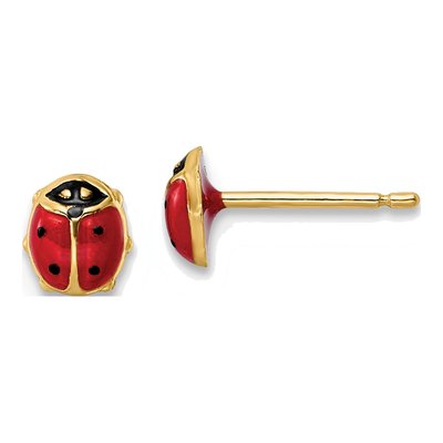 14K Yellow Gold Red Black Enamel Ladybug Stud Earrings