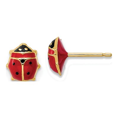 14K Yellow Gold Enamel Ladybug Stud Earrings