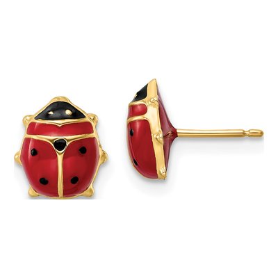 14K Yellow Gold Red Black Enamel Ladybug Stud Earrings