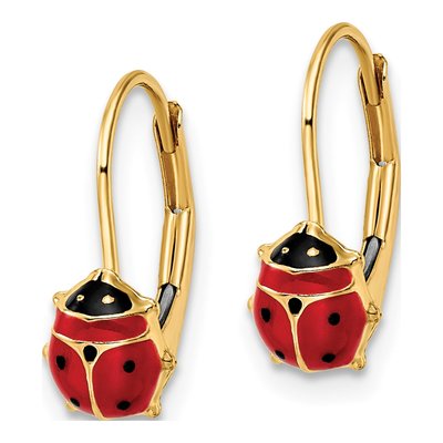 14K Yellow Gold Red Black Enamel Ladybug Leverback Earrings – view 3