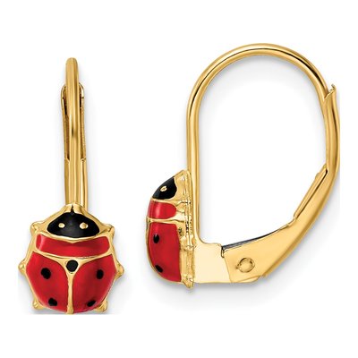 14K Yellow Gold Red Black Enamel Ladybug Leverback Earrings