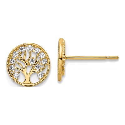 14K Yellow Gold Round CZ Tree of Life Stud Earrings