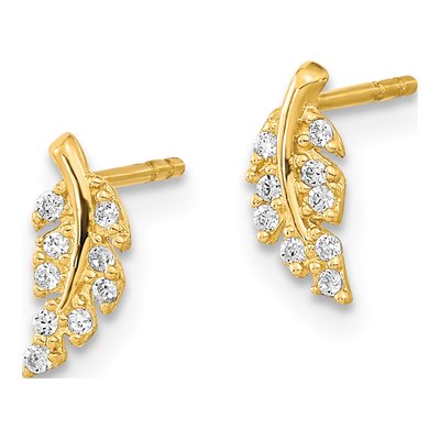 14K Yellow Gold Round CZ Leaf Stud Earrings – view 2