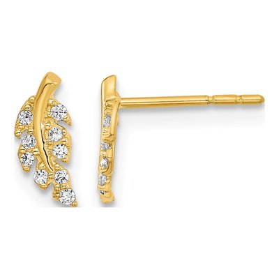 14K Yellow Gold Round CZ Leaf Stud Earrings