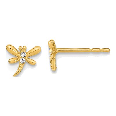 14K Yellow Gold Round CZ Dragonfly Stud Earrings