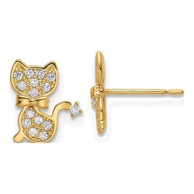 14K Yellow Gold Round CZ Cat Stud Earrings