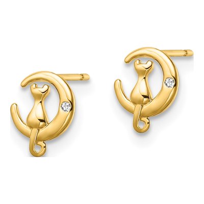 14K Yellow Gold Round CZ Cat on Moon Stud Earrings – view 3