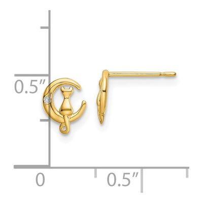 14K Yellow Gold Round CZ Cat on Moon Stud Earrings – view 5