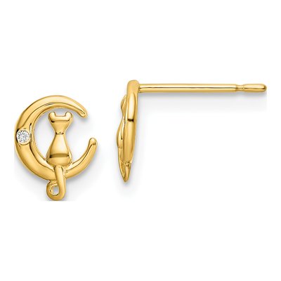14K Yellow Gold Round CZ Cat on Moon Stud Earrings