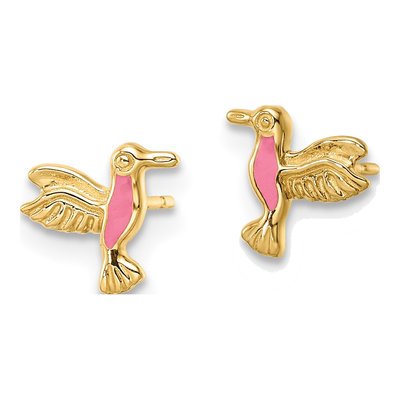 14K Yellow Gold Pink Enamel Hummingbird Stud Earrings – view 3