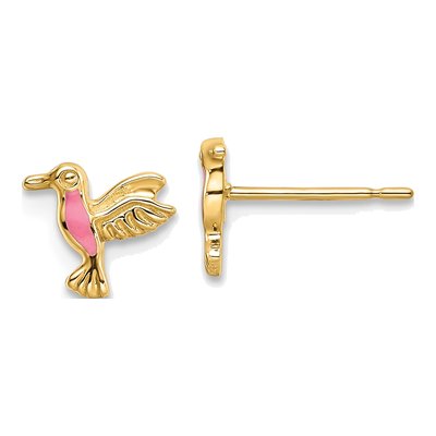 14K Yellow Gold Pink Enamel Hummingbird Stud Earrings