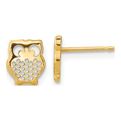 14K Yellow Gold Textured Owl Stud Earrings