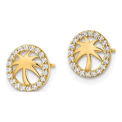 14K Yellow Gold Round CZ Palm Tree Circle Stud Earrings – view 3