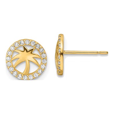 14K Yellow Gold Round CZ Palm Tree Circle Stud Earrings