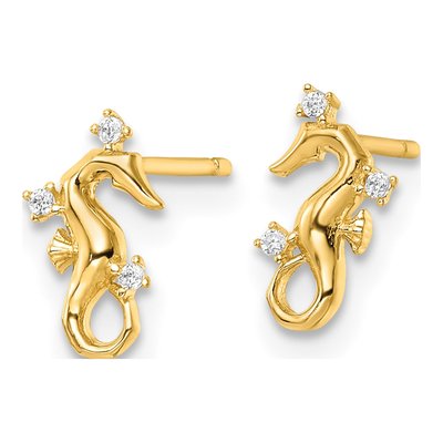 14K Yellow Gold Round CZ Mini Seahorse Stud Earrings – view 3