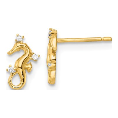 14K Yellow Gold Round CZ Mini Seahorse Stud Earrings