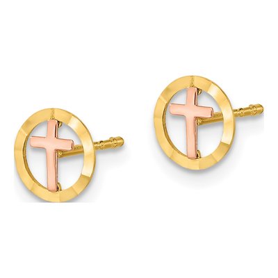 14K Two-Tone Gold Circle Cross Stud Earrings – view 2