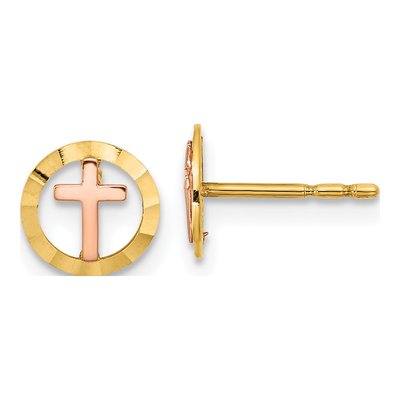 14K Two-Tone Gold Circle Cross Stud Earrings