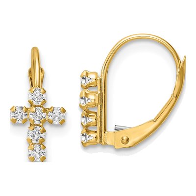 14K Yellow Gold CZ Cross Leverback Earrings