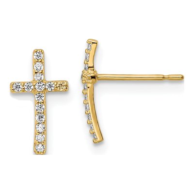 14K Yellow Gold Round CZ Cross Stud Earrings