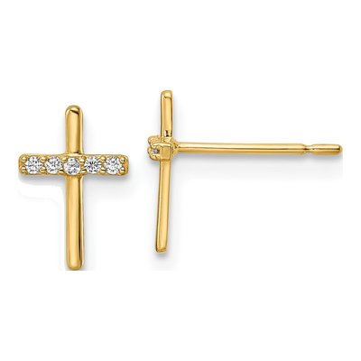 14K Yellow Gold Round CZ Cross Stud Earrings