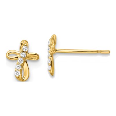 14K Yellow Gold Round CZ Mini Cross Stud Earrings