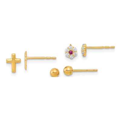 14K Yellow Gold Round CZ 3-Pair Ball Stud Earrings