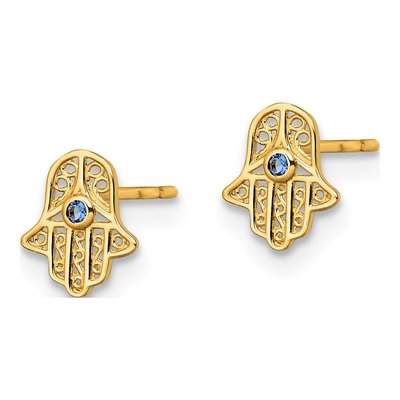 14K Yellow Gold Blue Glass Mini Hamsa Stud Earrings – view 3