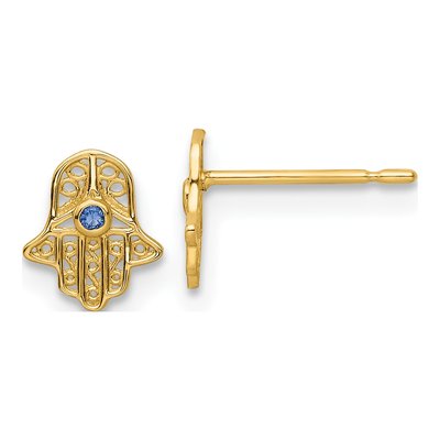 14K Yellow Gold Blue Glass Mini Hamsa Stud Earrings