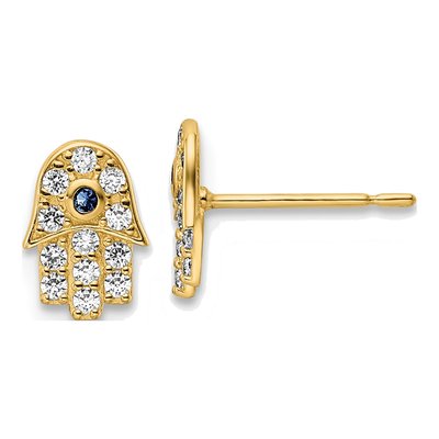 14K Yellow Gold Round CZ Hamsa Stud Earrings