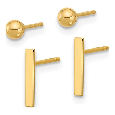 14K Yellow Gold Ball & Bar Post Earrings Set – view 2