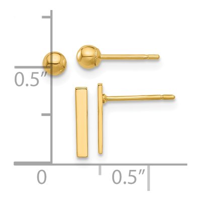 14K Yellow Gold Ball & Bar Post Earrings Set – view 4