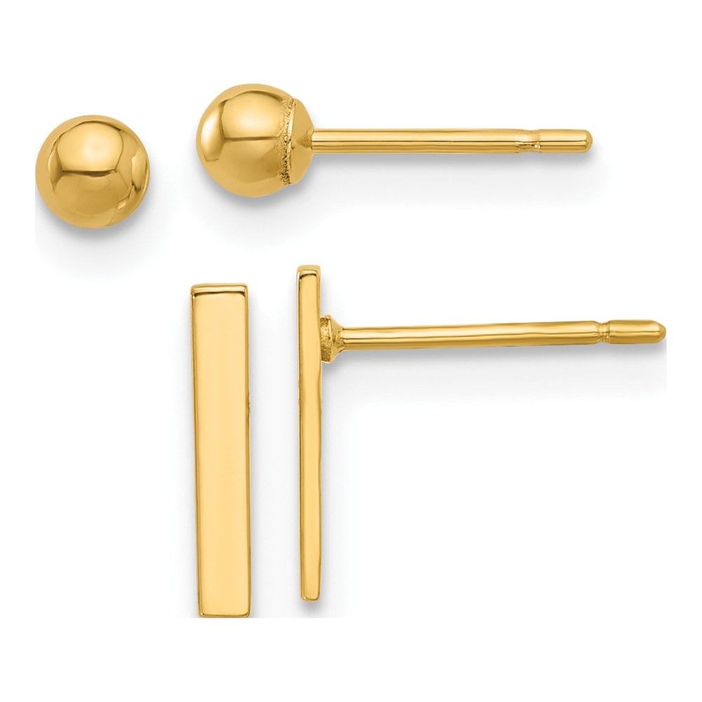 14K Yellow Gold Ball & Bar Post Earrings Set