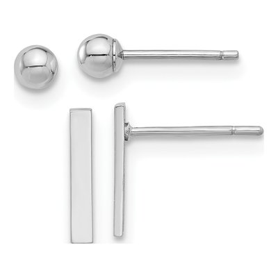 14K White Gold Ball & Bar Stud Earrings Set of 2